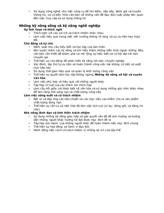 • Sử dụng công nghiệ như một công cụ để tìm kiếm, sắp xếp, đánh giá và truyền
thông tin, và có kiền thức căn bản về những vấn đề đạo đức/ luật pháp liên quan
đến việc truy cập và sử dụng thông tin
Những kỹ năng sống và kỹ năng nghề nghiệp
Sự linh hoạt và thích nghi
• Thích nghi với các vai trò và trách nhiệm khác nhau
• Làm việc hiệu quả trong một môi trường không rõ ràng và sự ưu tiên hay thay
đổi
Chủ động và tự chủ
• Kiểm soát nhu cầu hiểu biết và học tập của bản thân
• Rèn luyện thêm các kỹ năng và tìm hiểu thêm những kiến thức ngoài những điều
căn bản cần thiết để khám phá và mở rộng sự hiểu biết và cơ hội đạt tới mức
chuyên gia
• Thể hiện sự chủ động để phát triển kỹ năng tới mức chuyên nghiệp
• Xác điịnh, lập thứ tự ưu tiên và hoàn thành công việc mà không có một sơ xuất
trực tiếp nào
• Sử dụng thời gian hiệu quả và quản lý khối lượng công việc
• Thể hiện sự quyết tâm học tập không ngừng Những kỹ năng xã hội và xuyên
văn hóa
• Làm việc phù hợp và hiệu quả với những người khác
• Tập hợp trí tuệ của các nhóm khi thích hợp
• Làm cầu nối giữa các khác biệt về văn hóa và sử dụng những góc nhìn khác nhau
để làm tăng tính sáng tạo và chất lượng công việc
Làm việc năng suất và có trách nhiệm
• Đặt ra và đáp ứng các tiêu chuẩn và các mục tiêu cao nhằm cho ra sản phẩm
chất lượng đúng hạn
• Thể hiện sự cần cù và một thái độ làm việc tích cực (ví dụ: đúng giờ, và đáng tin
cậy)
Khả năng lãnh đạo và tinh thần trách nhiệm
• Sử dụng những kỹ năng giao tiếp và giải quyết vấn đề để ảnh hưởng và hướng
dẫn những người khác hướng tới đạt được mục đích đề ra
• Tập hợp sức mạnh của những người khác để hoàn thành một mục đích chung
• Thể hiện sự hòa đồng và hành vi đạo đức
• Hành động một cách có trách nhiệm vì những lợi ích của tập thể
 