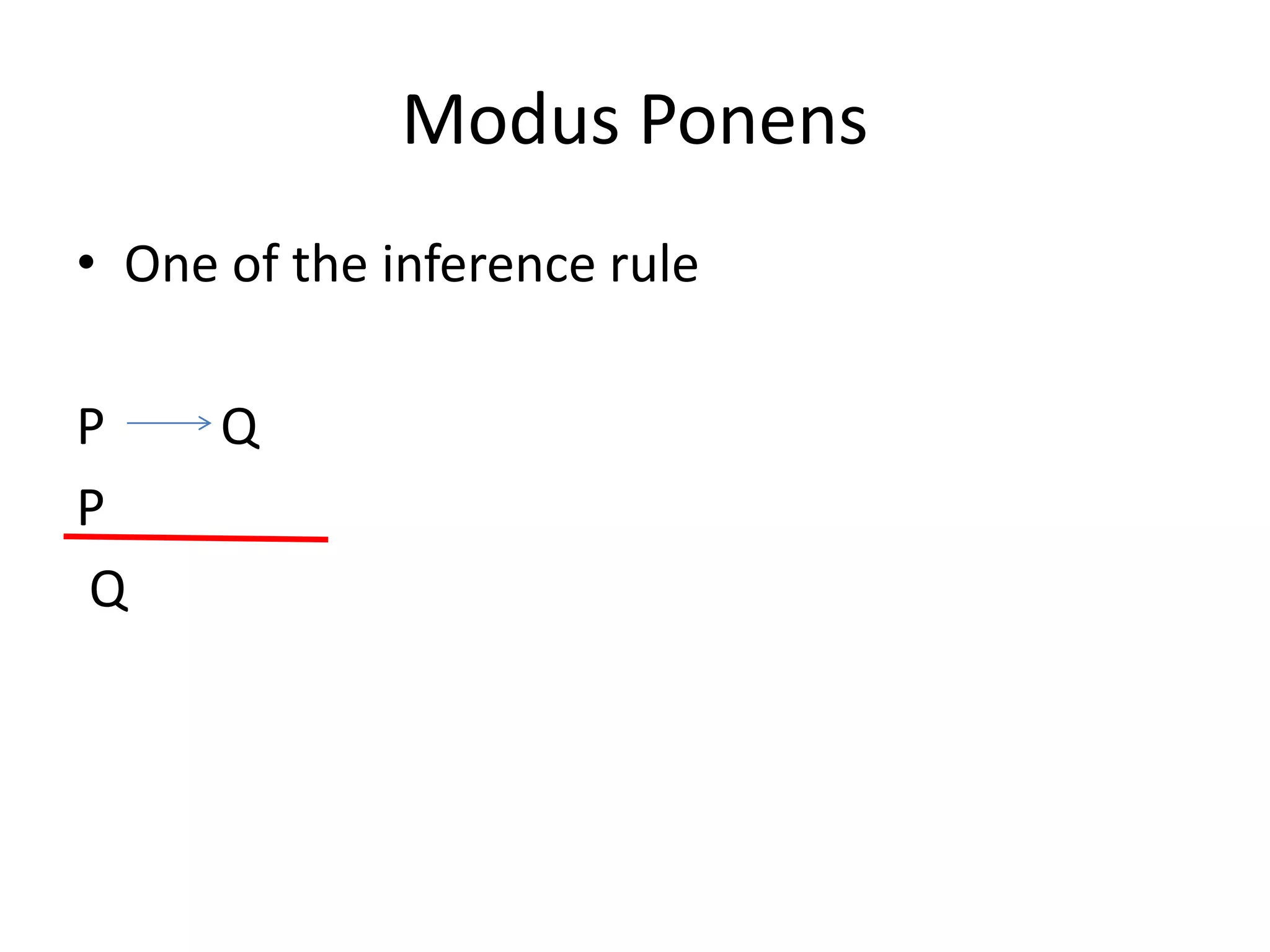 Modus Ponens
• One of the inference rule
P Q
P
Q
 