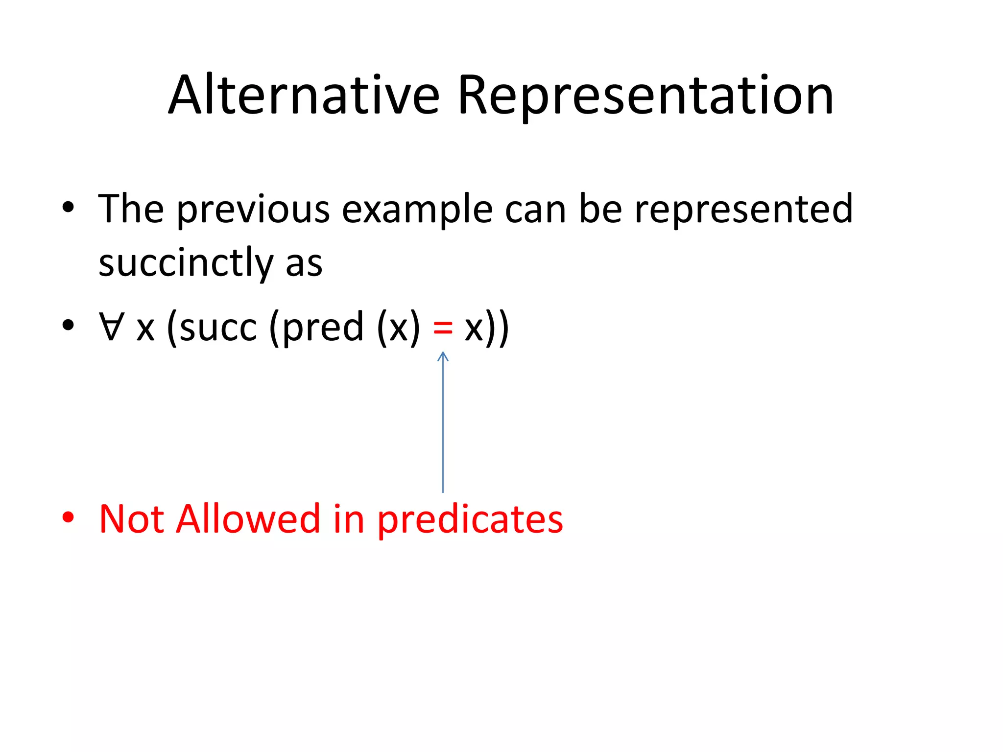 Alternative Representation
• The previous example can be represented
succinctly as
• ∀ x (succ (pred (x) = x))
• Not Allowed in predicates
 