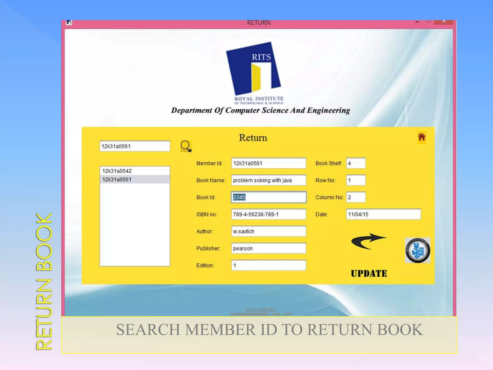 SEARCH MEMBER ID TO RETURN BOOK
