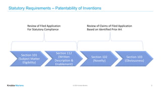 © 2020 Knobbe Martens
Statutory Requirements – Patentability of Inventions
3
Section 101
(Subject Matter
Eligibility)
Sect...