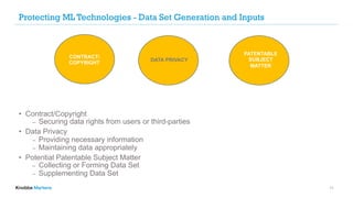 Protecting ML Technologies - Data Set Generation and Inputs
• Contract/Copyright
⎼ Securing data rights from users or third-parties
• Data Privacy
⎼ Providing necessary information
⎼ Maintaining data appropriately
• Potential Patentable Subject Matter
⎼ Collecting or Forming Data Set
⎼ Supplementing Data Set
11
CONTRACT/
COPYRIGHT
DATA PRIVACY
PATENTABLE
SUBJECT
MATTER
 
