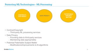 Protecting ML Technologies - ML Processing
• Contract/Copyright
⎼ Third-party ML processing services
• Data Privacy
⎼ Providing data to third-party services
⎼ Maintaining data appropriately
• Potential Patentable Subject Matter
⎼ Modifications/Improvements to Al algorithms
12
CONTRACT/
COPYRIGHT
DATA PRIVACY
PATENTABLE
SUBJECT
MATTER
 