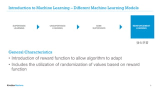 Introduction to Machine Learning – Different Machine Learning Models
General Characteristics
• Introduction of reward function to allow algorithm to adapt
• Includes the utilization of randomization of values based on reward
function
8
SUPERVISED
LEARNING
UNSUPERVISED
LEARNING
SEMI-
SUPERVISED
REINFORCEMENT
LEARNING
強化学習
 
