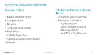 © 2022 Knobbe Martens
Overview of Employment Agreements
General Terms Intellectual Property Based
Terms
• Ownership and Assignment
• Restrictive Covenants
⎼ Confidentiality
⎼ Non-Compete Clauses
⎼ Non-Solicitation
⎼ Anti-Poaching Clauses
• Scope of Employment
• Compensation
• Benefits
• Term and Termination
• Best Efforts
• Liability Protection
• Alternative Dispute Resolution
• Breach
3
 