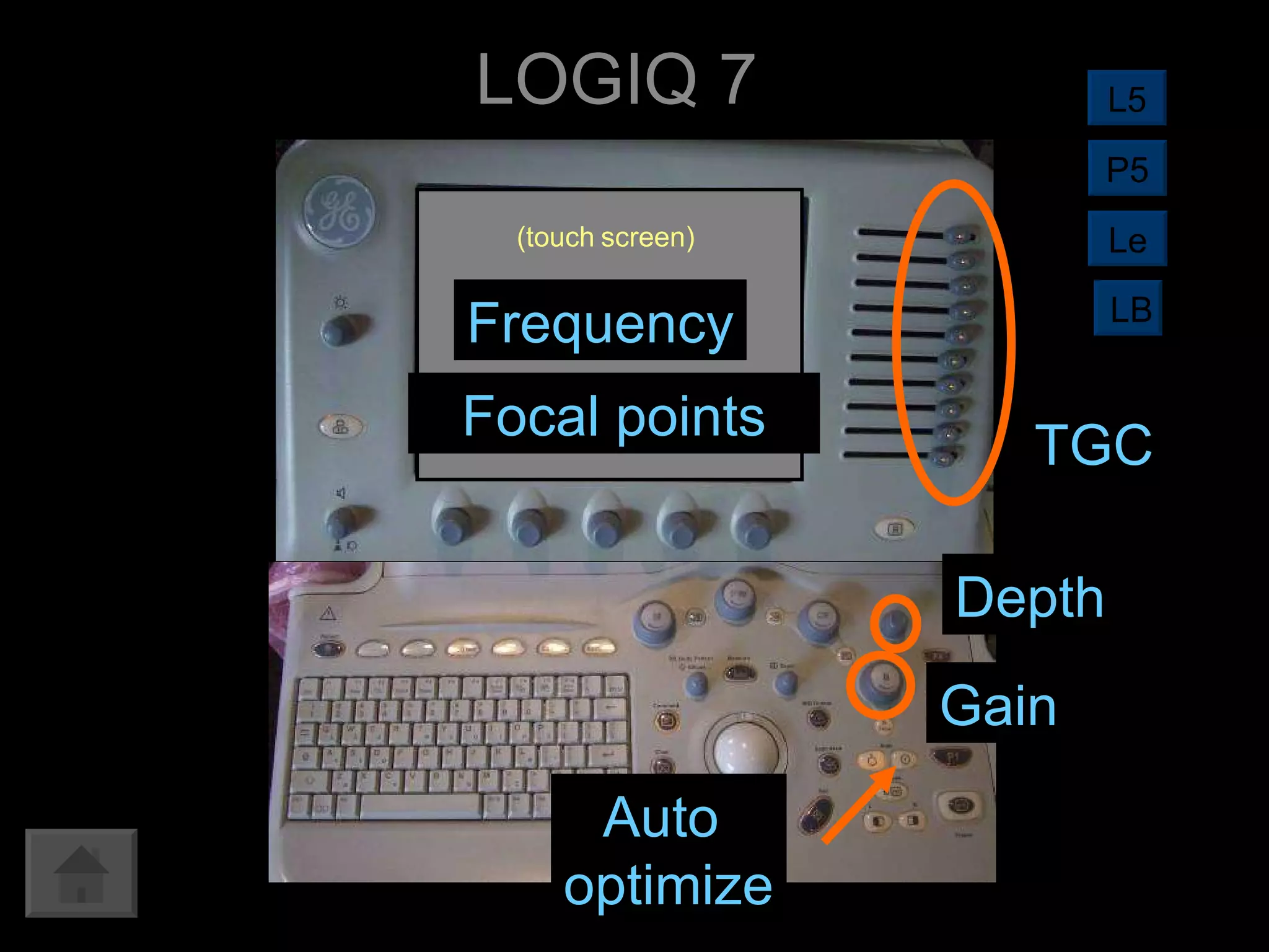 LOGIQ 7 TGC Auto  optimize Gain Depth Frequency Focal points (touch   screen) L5 LB Le P5 