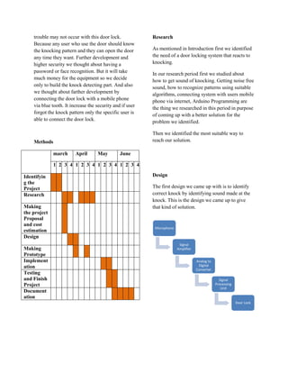 trouble may not occur with this door lock.             Research
    Because any user who use the door should know
    the knocking pattern and they can open the door        As mentioned in Introduction first we identified
    any time they want. Further development and            the need of a door locking system that reacts to
    higher security we thought about having a              knocking.
    password or face recognition. But it will take         In our research period first we studied about
    much money for the equipment so we decide
                                                           how to get sound of knocking. Getting noise free
    only to build the knock detecting part. And also       sound, how to recognize patterns using suitable
    we thought about farther development by                algorithms, connecting system with users mobile
    connecting the door lock with a mobile phone           phone via internet, Arduino Programming are
    via blue tooth. It increase the security and if user   the thing we researched in this period in purpose
    forgot the knock pattern only the specific user is     of coming up with a better solution for the
    able to connect the door lock.                         problem we identified.

                                                           Then we identified the most suitable way to
    Methods                                                reach our solution.

              march      April      May         June

              1 2 3 4 1 2 3 4 1 2 3 4 1 2 3 4

Identifyin                                                 Design
g the
Project                                                    The first design we came up with is to identify
Research                                                   correct knock by identifying sound made at the
                                                           knock. This is the design we came up to give
Making                                                     that kind of solution.
the project
Proposal
and cost
                                                            Microphone
estimation
Design
                                                                          Signal
Making                                                                   Amplifier
Prototype
Implement                                                                            Analog to
ation                                                                                 Digital
                                                                                     Converter
Testing
and Finish                                                                                         Signal
Project                                                                                          Processing
                                                                                                    Unit
Document
ation
                                                                                                              Door Lock
 