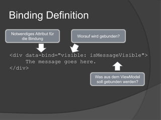 Binding Definition
Notwendiges Attribut für
                           Worauf wird gebunden?
     die Bindung



<div data-bind="visible: isMessageVisible">
     The message goes here.
</div>
                                   Was aus dem ViewModel
                                   soll gebunden werden?
 