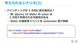 考えられるシナリオ(2)
• バインディングが 2 方向に渡る場合は？
– 例: jQuery UI Slider の value は
2 方向で利用される可能性がある
– Slider の値変更イベントを extension 側で制御
<di...