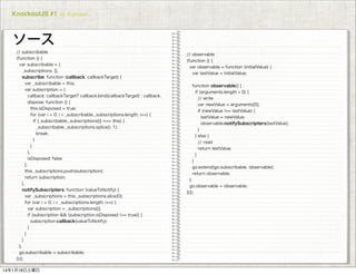 KnockoutJS #1 in Kansai

ソース
// subscribable
(function () {
var subscribable = {
_subscriptions: [],
subscribe: function (callback, callbackTarget) {
var _subscribable = this;
var subscription = {
callback: callbackTarget? callback.bind(callbackTarget) : callback,
dispose: function () {
this.isDisposed = true;
for (var i = 0; i < _subscribable._subscriptions.length; i++) {
if (_subscribable._subscriptions[i] === this) {
_subscribable._subscriptions.splice(i, 1);
break;
}
}
},
isDisposed: false
};
this._subscriptions.push(subscription);
return subscription;
},
notifySubscripters: function (valueToNotify) {
var _subscriptions = this._subscriptions.slice(0);
for (var i = 0; i < _subscriptions.length; i++) {
var subscription = _subscriptions[i];
if (subscription && (subscription.isDisposed !== true)) {
subscription.callback(valueToNotify);
}
}
}
};
go.subscribable = subscribable; INC.
COPYRIGHT 2014 PLUGRAM,
})();
14年1月18日土曜日

// observable
(function () {
var observable = function (initialValue) {
var lastValue = initialValue;
function observable() {
if (arguments.length > 0) {
// write
var newValue = arguments[0];
if (newValue !== lastValue) {
lastValue = newValue;
observable.notifySubscripters(lastValue);
}
} else {
// read
return lastValue;
}
}
go.extend(go.subscribable, observable);
return observable;
};
go.observable = observable;
})();

 