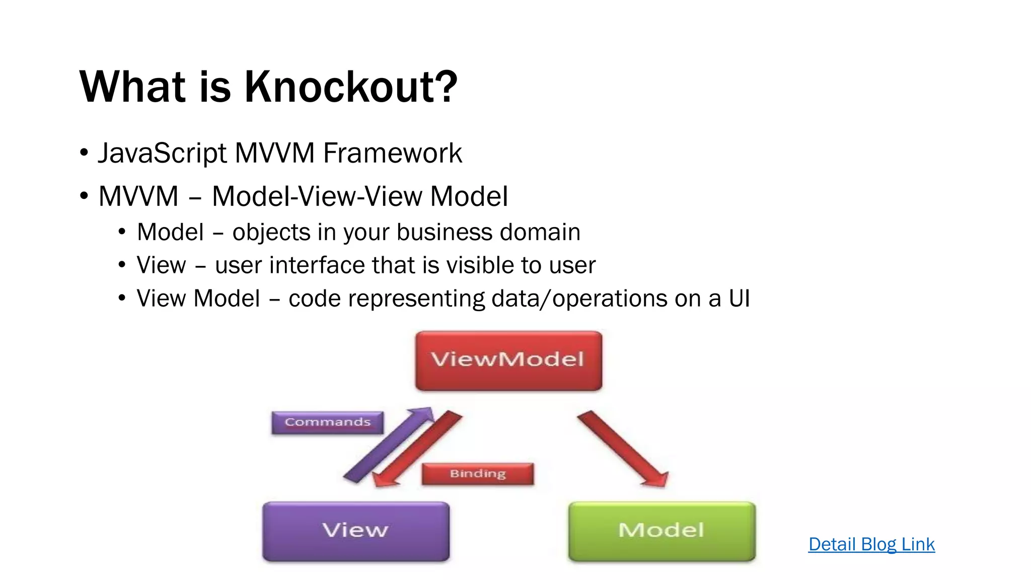 What is Knockout?
• JavaScript MVVM Framework
• MVVM – Model-View-View Model
• Model – objects in your business domain
• View – user interface that is visible to user
• View Model – code representing data/operations on a UI

•

Detail Blog Link

 