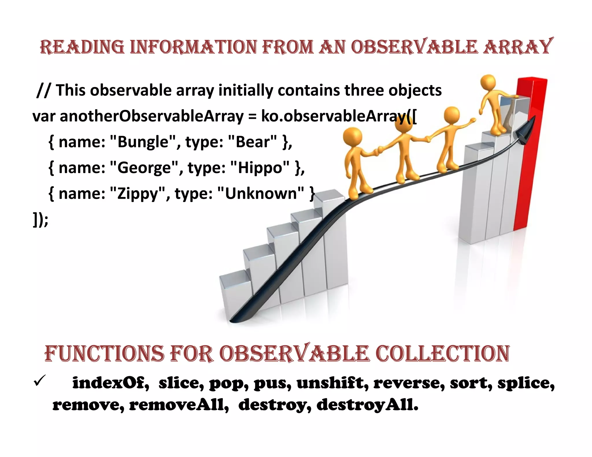 READING INFORMATION FROM AN OBSERVABLE ARRAY

 // This observable array initially contains three objects
var anotherObservableArray = ko.observableArray([
   { name: "Bungle", type: "Bear" },
   { name: "George", type: "Hippo" },
   { name: "Zippy", type: "Unknown" }
]);




 FUNCTIONS FOR OBSERVABLE COLLECTION
    indexOf, slice, pop, pus, unshift, reverse, sort, splice,
  remove, removeAll, destroy, destroyAll.
 