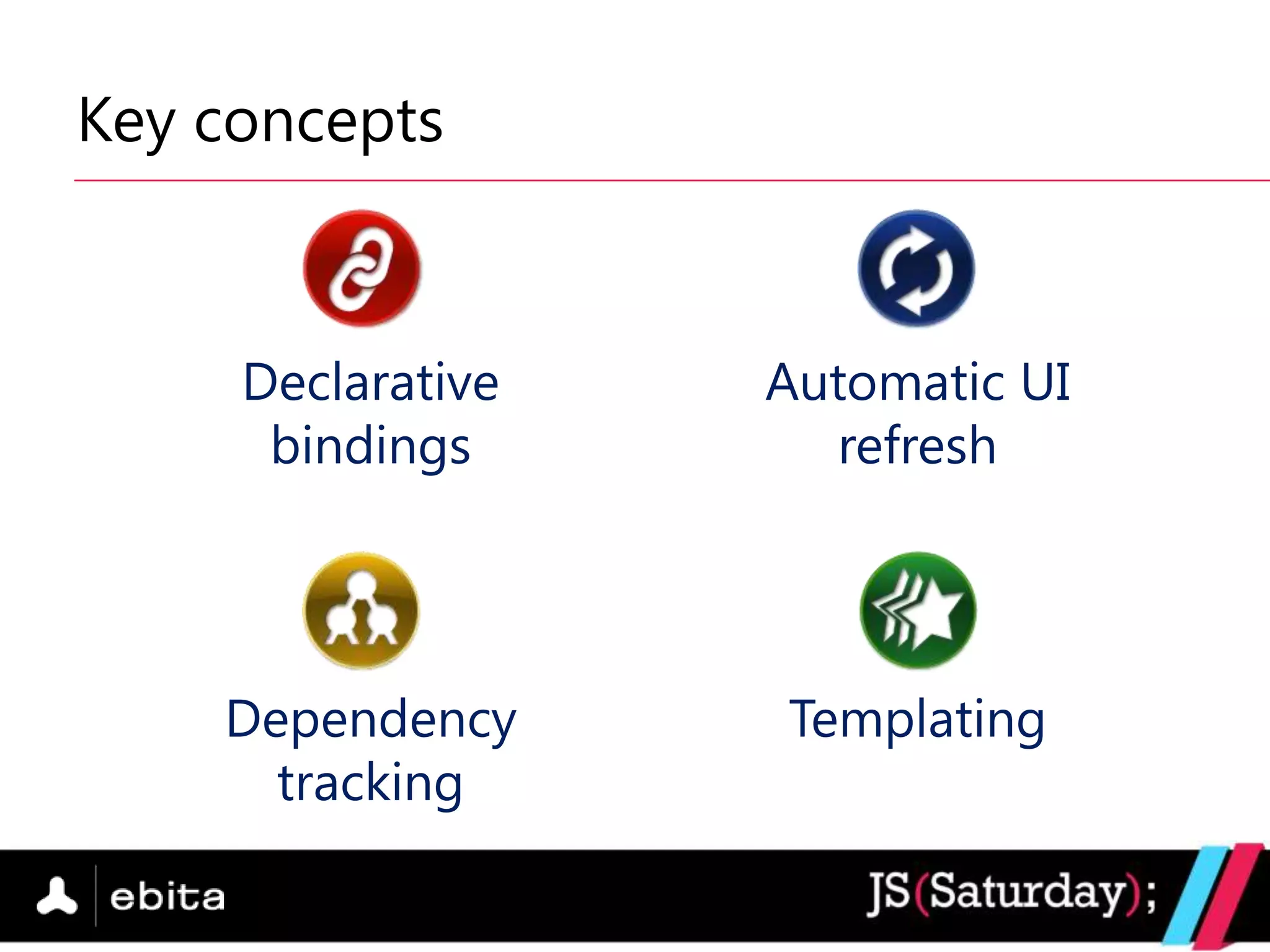 Key concepts



     Declarative   Automatic UI
      bindings       refresh




    Dependency     Templating
      tracking
 
