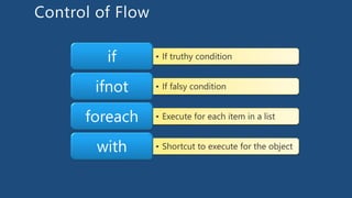 • If truthy conditionif
• If falsy conditionifnot
• Execute for each item in a listforeach
• Shortcut to execute for the objectwith
 