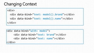 with: model
text: brand
text: name
<div>
<div data-bind="text: model().brand"></div>
<div data-bind="text: model().name"></div>
</div>
 