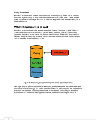13
Utility Functions
Knockout.js comes with several utility functions, including array filters, JSON parsing,
and even a generic way to map data from the server to an HTML view. These utilities
make it possible to turn large amounts of data into a dynamic user interface with just a
few lines of code.
What Knockout.js is Not
Knockout.js is not meant to be a replacement for jQuery, Prototype, or MooTools. It
doesn’t attempt to provide animation, generic event handling, or AJAX functionality
(however, Knockout.js can parse the data received from an AJAX call). Knockout.js is
focused solely on designing scalable, data-driven user interfaces—how that underlying
data is obtained is completely up to you.
Figure 4: Knockout.js supplementing a full web application stack
This high level of specialization makes Knockout.js compatible with any other client-side
and server-side technology, but it also means Knockout.js often requires the cooperation
of a more full-featured JavaScript framework. In this sense, Knockout.js is more of a
supplement to a traditional web application stack, rather than an integral part of it.
 
