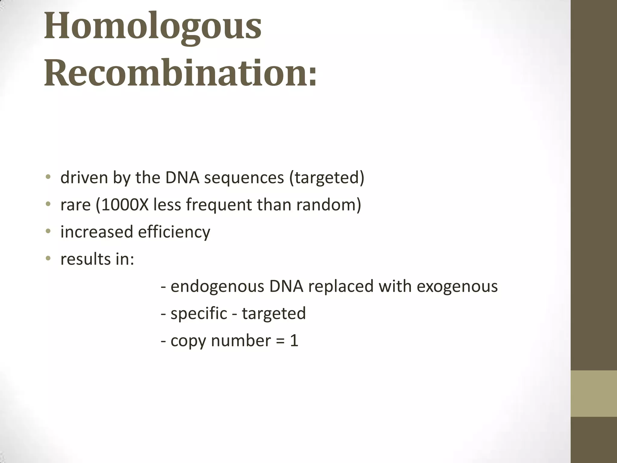 Homologous
Recombination:
• driven by the DNA sequences (targeted)
• rare (1000X less frequent than random)
• increased efficiency
• results in:
- endogenous DNA replaced with exogenous
- specific - targeted
- copy number = 1
 