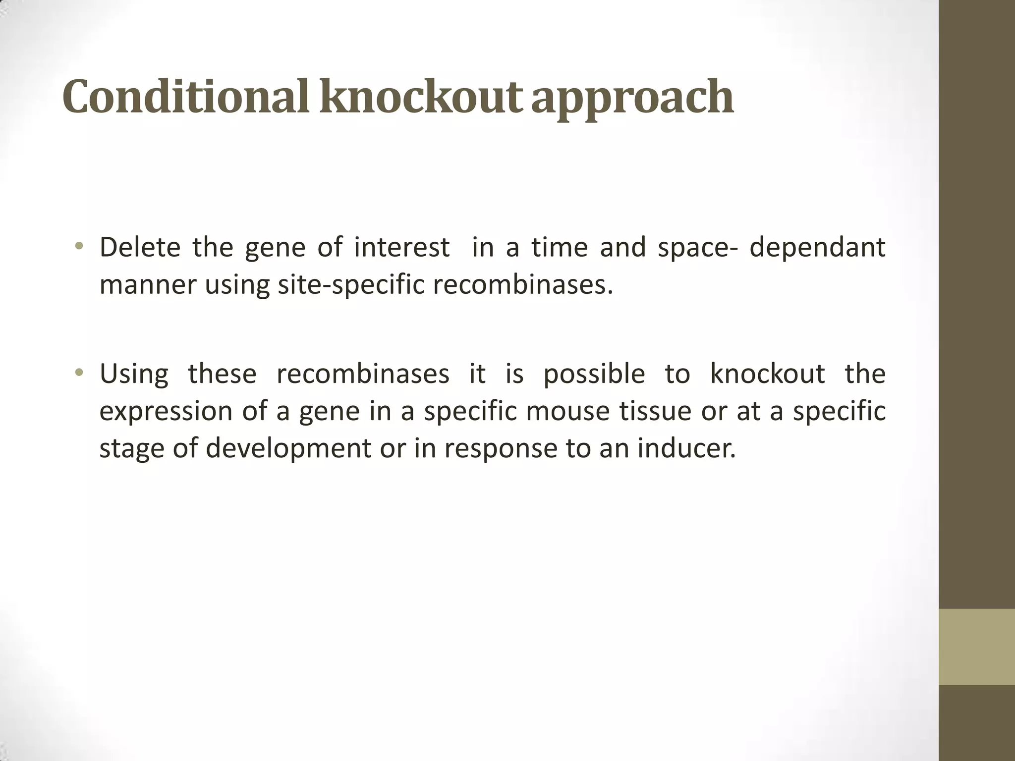 Conditionalknockoutapproach
• Delete the gene of interest in a time and space- dependant
manner using site-specific recombinases.
• Using these recombinases it is possible to knockout the
expression of a gene in a specific mouse tissue or at a specific
stage of development or in response to an inducer.
 