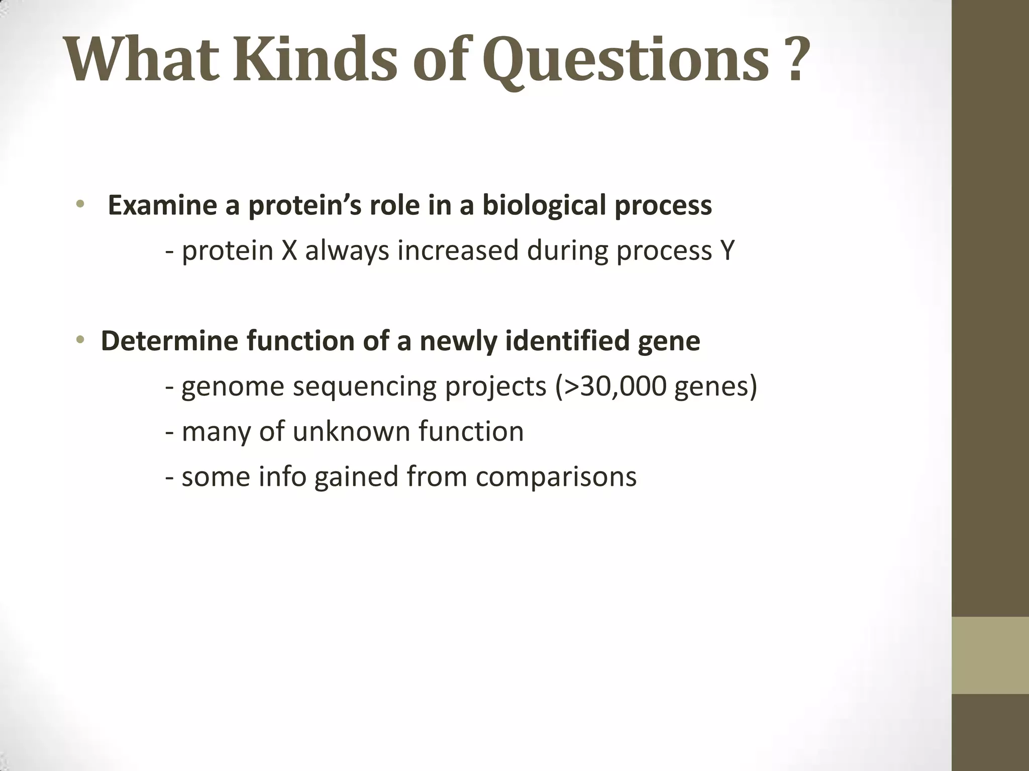 What Kinds of Questions ?
• Examine a protein’s role in a biological process
- protein X always increased during process Y
• Determine function of a newly identified gene
- genome sequencing projects (>30,000 genes)
- many of unknown function
- some info gained from comparisons
 