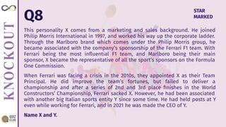 Q8
This personality X comes from a marketing and sales background. He joined
Philip Morris International in 1997, and worked his way up the corporate ladder.
Through the Marlboro brand which comes under the Philip Morris group, he
became associated with the company’s sponsorship of the Ferrari F1 team. With
Ferrari being the most inﬂuential F1 team, and Marlboro being their main
sponsor, X became the representative of all the sport’s sponsors on the Formula
One Commission.
When Ferrari was facing a crisis in the 2010s, they appointed X as their Team
Principal. He did improve the team’s fortunes, but failed to deliver a
championship and after a series of 2nd and 3rd place ﬁnishes in the World
Constructors’ Championship, Ferrari sacked X. However, he had been associated
with another big Italian sports entity Y since some time. He had held posts at Y
even while working for Ferrari, and in 2021 he was made the CEO of Y.
Name X and Y.
STAR
MARKED
 