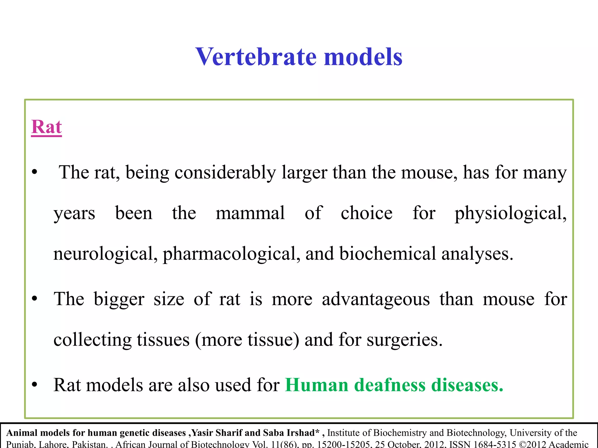Rat
• The rat, being considerably larger than the mouse, has for many
years been the mammal of choice for physiological,
neurological, pharmacological, and biochemical analyses.
• The bigger size of rat is more advantageous than mouse for
collecting tissues (more tissue) and for surgeries.
• Rat models are also used for Human deafness diseases.
Vertebrate models
Animal models for human genetic diseases ,Yasir Sharif and Saba Irshad* , Institute of Biochemistry and Biotechnology, University of the
Punjab, Lahore, Pakistan. . African Journal of Biotechnology Vol. 11(86), pp. 15200-15205, 25 October, 2012, ISSN 1684-5315 ©2012 Academic
 