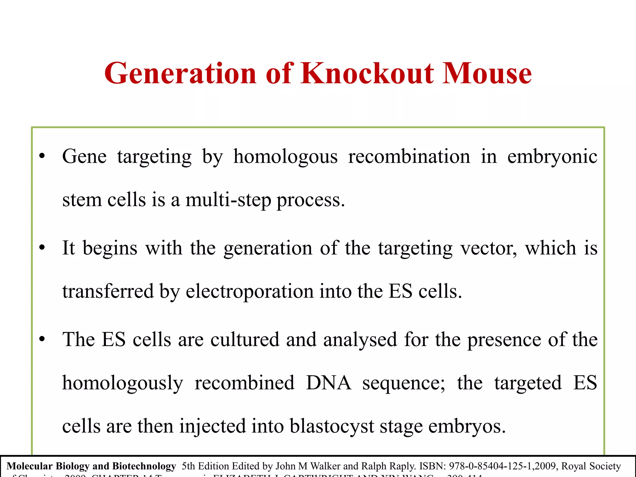 Generation of Knockout Mouse
• Gene targeting by homologous recombination in embryonic
stem cells is a multi-step process.
• It begins with the generation of the targeting vector, which is
transferred by electroporation into the ES cells.
• The ES cells are cultured and analysed for the presence of the
homologously recombined DNA sequence; the targeted ES
cells are then injected into blastocyst stage embryos.
Molecular Biology and Biotechnology 5th Edition Edited by John M Walker and Ralph Raply. ISBN: 978-0-85404-125-1,2009, Royal Society
 