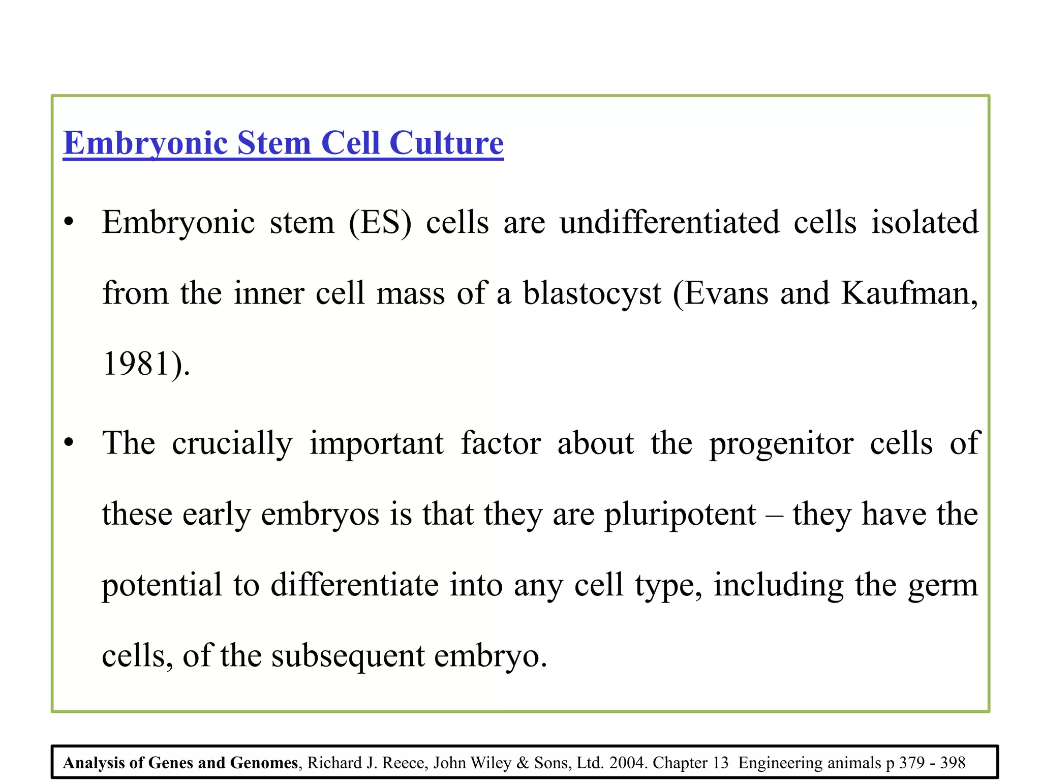 Embryonic Stem Cell Culture
• Embryonic stem (ES) cells are undifferentiated cells isolated
from the inner cell mass of a blastocyst (Evans and Kaufman,
1981).
• The crucially important factor about the progenitor cells of
these early embryos is that they are pluripotent – they have the
potential to differentiate into any cell type, including the germ
cells, of the subsequent embryo.
Analysis of Genes and Genomes, Richard J. Reece, John Wiley & Sons, Ltd. 2004. Chapter 13 Engineering animals p 379 - 398
 