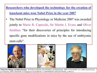 Researchers who developed the technology for the creation of
knockout mice won Nobel Prize in the year 2007
• The Nobel Prize in Physiology or Medicine 2007 was awarded
jointly to Mario R. Capecchi, Sir Martin J. Evans and Oliver
Smithies "for their discoveries of principles for introducing
specific gene modifications in mice by the use of embryonic
stem cells".
Molecular Biology and Biotechnology 5th Edition Edited by John M Walker and Ralph Raply. ISBN: 978-0-85404-125-1,2009, Royal Society
of Chemistry 2009, CHAPTER 14 Transgenesis ELIZABETH J. CARTWRIGHT AND XIN WANG, p 390-414
 