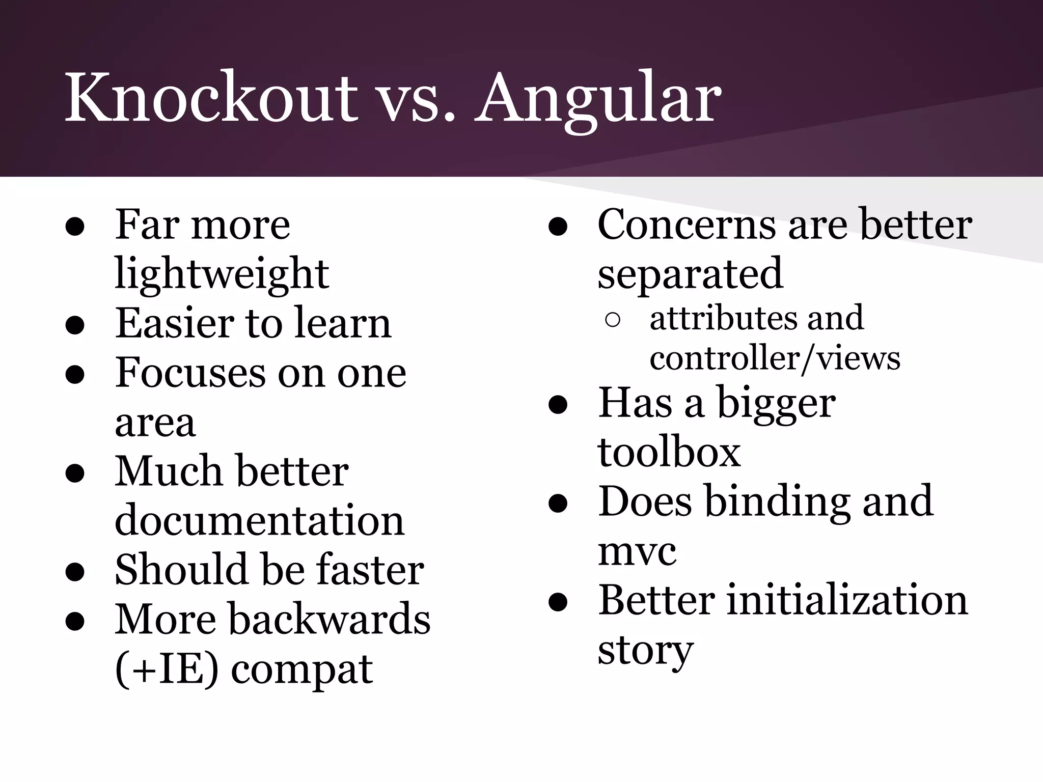 Knockout vs. Angular ● Far more lightweight ● Easier to learn ● Focuses on one area ● Much better documentation ● Should be faster ● More backwards (+IE) compat ● Concerns are better separated ○ attributes and controller/views ● Has a bigger toolbox ● Does binding and mvc ● Better initialization story 