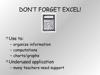 DON’T FORGET EXCEL! Use to:  organize information computations charts/graphs Underused application many teachers need support 