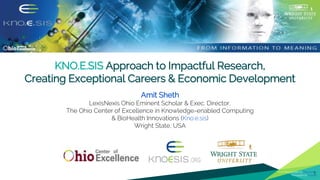 KNO.E.SIS Approach to Impactful Research,
Creating Exceptional Careers & Economic Development
Amit Sheth
LexisNexis Ohio Eminent Scholar & Exec. Director,
The Ohio Center of Excellence in Knowledge-enabled Computing
& BioHealth Innovations (Kno.e.sis)
Wright State, USA
Presentation template by SlidesCarnival
Photographs by Unsplash1
 