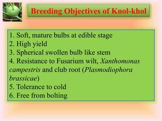 1. Soft, mature bulbs at edible stage
2. High yield
3. Spherical swollen bulb like stem
4. Resistance to Fusarium wilt, Xanthomonas
campestris and club root (Plasmodiophora
brassicae)
5. Tolerance to cold
6. Free from bolting
Breeding Objectives of Knol-khol
 