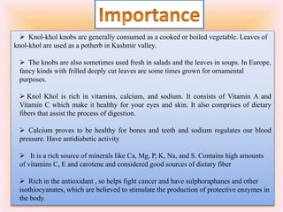  Knol-khol knobs are generally consumed as a cooked or boiled vegetable. Leaves of
knol-khol are used as a potherb in Kashmir valley.
 The knobs are also sometimes used fresh in salads and the leaves in soups. In Europe,
fancy kinds with frilled deeply cut leaves are some times grown for ornamental
purposes.
 Knol Khol is rich in vitamins, calcium, and sodium. It consists of Vitamin A and
Vitamin C which make it healthy for your eyes and skin. It also comprises of dietary
fibers that assist the process of digestion.
 Calcium proves to be healthy for bones and teeth and sodium regulates our blood
pressure. Have antidiabetic activity
 It is a rich source of minerals like Ca, Mg, P, K, Na, and S. Contains high amounts
of vitamins C, E and carotene and considered good sources of dietary fiber
 Rich in the antioxidant , so helps fight cancer and have sulphoraphanes and other
isothiocyanates, which are believed to stimulate the production of protective enzymes in
the body.
 