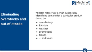 13
Eliminating
overstocks and
out-of-stocks
FishEye
AI helps retailers replenish supplies by
identifying demand for a particular product
based on
● sales history
● location
● weather
● promotions
● trends
● … and so on.
 