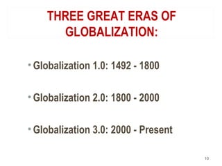 THREE GREAT ERAS OF
GLOBALIZATION:
•Globalization 1.0: 1492 - 1800
•Globalization 2.0: 1800 - 2000
•Globalization 3.0: 2000 - Present
10
 