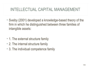 INTELLECTUAL CAPITAL MANAGEMENT
• Sveiby (2001) developed a knowledge-based theory of the
firm in which he distinguished between three families of
intangible assets:
• 1. The external structure family
• 2. The internal structure family
• 3. The individual competence family
105
 