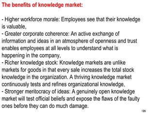 126
The benefits of knowledge market:
- Higher workforce morale: Employees see that their knowledge
is valuable,
- Greater corporate coherence: An active exchange of
information and ideas in an atmosphere of openness and trust
enables employees at all levels to understand what is
happening in the company,
- Richer knowledge stock: Knowledge markets are unlike
markets for goods in that every sale increases the total stock
knowledge in the organization. A thriving knowledge market
continuously tests and refines organizational knowledge,
- Stronger meritocracy of ideas: A genuinely open knowledge
market will test official beliefs and expose the flaws of the faulty
ones before they can do much damage.
126126
 