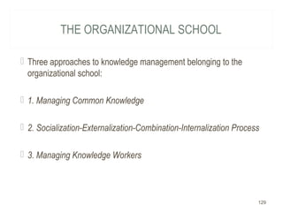 THE ORGANIZATIONAL SCHOOL
 Three approaches to knowledge management belonging to the
organizational school:
 1. Managing Common Knowledge
 2. Socialization-Externalization-Combination-Internalization Process
 3. Managing Knowledge Workers
129
 