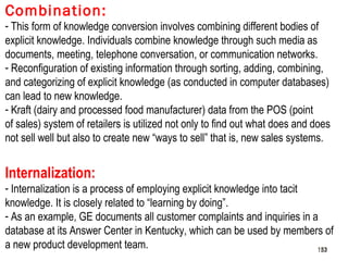 153
Combination:
- This form of knowledge conversion involves combining different bodies of
explicit knowledge. Individuals combine knowledge through such media as
documents, meeting, telephone conversation, or communication networks.
- Reconfiguration of existing information through sorting, adding, combining,
and categorizing of explicit knowledge (as conducted in computer databases)
can lead to new knowledge.
- Kraft (dairy and processed food manufacturer) data from the POS (point
of sales) system of retailers is utilized not only to find out what does and does
not sell well but also to create new “ways to sell” that is, new sales systems.
Internalization:
- Internalization is a process of employing explicit knowledge into tacit
knowledge. It is closely related to “learning by doing”.
- As an example, GE documents all customer complaints and inquiries in a
database at its Answer Center in Kentucky, which can be used by members of
a new product development team. 153153
 