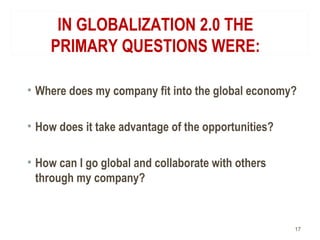 IN GLOBALIZATION 2.0 THE
PRIMARY QUESTIONS WERE:
• Where does my company fit into the global economy?
• How does it take advantage of the opportunities?
• How can I go global and collaborate with others
through my company?
17
 