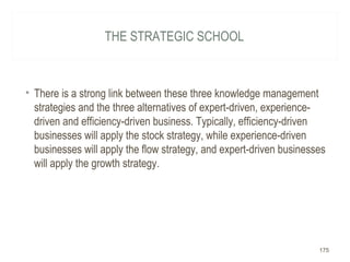 THE STRATEGIC SCHOOL
• There is a strong link between these three knowledge management
strategies and the three alternatives of expert-driven, experience-
driven and efficiency-driven business. Typically, efficiency-driven
businesses will apply the stock strategy, while experience-driven
businesses will apply the flow strategy, and expert-driven businesses
will apply the growth strategy.
175
 