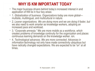 WHY IS KM IMPORTANT TODAY
• The major business drivers behind today’s increased interest in and
application of KM lie in four key areas:
• 1. Globalization of business. Organizations today are more global—
multisite, multilingual, and multicultural in nature.
• 2. Leaner organizations. We are doing more and we are doing it faster, but
we also need to work smarter as knowledge workers, adopting an
increased pace and workload.
• 3. “Corporate amnesia.” We are more mobile as a workforce, which
creates problems of knowledge continuity for the organization and places
continuous learning demands on the knowledge worker. ion.
• 4. Technological advances. We are more connected. Advances in
information technology not only have made connectivity ubiquitous but
have radically changed expectations. We are expected to be “on” at all
times.
R. Nasirzadeh - 2012 38
 