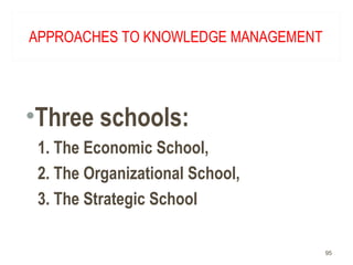 APPROACHES TO KNOWLEDGE MANAGEMENT
•Three schools:
1. The Economic School,
2. The Organizational School,
3. The Strategic School
95
 