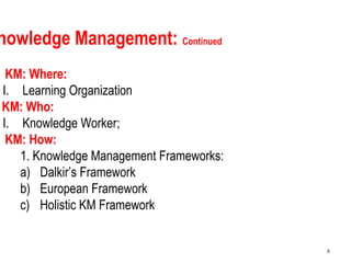 4
nowledge Management: Continued
KM: Where:
I. Learning Organization
KM: Who:
I. Knowledge Worker;
KM: How:
1. Knowledge M...