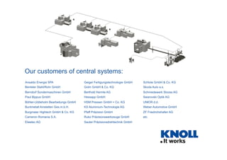 Our customers of central systems:
Ansaldo Energia SPA                 Geiger Fertigungstechnologie GmbH   Schlote GmbH & Co. KG
Benteler Stahl/Rohr GmbH            Golm GmbH & Co. KG                  Skoda Auto a.s.
Berndorf Sondermaschinen GmbH       Berthold Hermle AG                  Schmiedewerk Stooss AG
Paul Bippus GmbH                    Hessapp GmbH                        Swarovski Optik AG
Böhler-Uddeholm Bearbeitungs GmbH   HSM Pressen GmbH + Co. KG           UNIOR d.d.
Buntmetall Amstetten Ges.m.b.H.     KS Aluminium-Technologie AG         Weber Automotive GmbH
Burgmaier Hightech GmbH & Co. KG    Pfaff Präzision GmbH                ZF Friedrichshafen AG
Cameron Romania S.A.                Ruko Präzisionswerkzeuge GmbH       etc.
Elwetec AG                          Sauter Präzisionsdrehtechnik GmbH
 