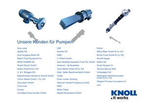 Unsere Kunden für Pumpen:
Alva Laval                           DAF                                   Parker
Apetito AG                           Daimler AG                            Alfred Ritter GmbH & Co. KG
Audi Hungaria Motor Kft.             DMG                                   Rondo Food GmbH & Co. KG
Bakon Food Equipment bv              H. Erkert GmbH                        Smurfit Kappa
BASF AGBMW AG                        Gea Westfalia Separator Food Tec GmbH Sollich KG
Robert Bosch GmbH                    Griesson - de Beukelaer               Sonac Burgum bv
Brillux GmbH & Co. KG                Grob-Werke GmbH & Co. KG              Tecnica Service SAS
H. & J. Brüggen KG                   Gebr. Heller Maschinenfabrik GmbH     Volkswagen AG
Maschinenbau Bünder & Schmitt GmbH   Hydac                                 Wesergold Getränkeindustrie
                                                                           GmbH & Co. KG
Chiron Werke GmbH + Co. KG           Erwin Junker Grinding
                                                                           Wiegers Process Innovations bv
Chocotech GmbH                       Klöckner Hänsel Processing GmbH
                                                                           uvm.
Coca Cola                            MAG
Comau                                Metso Paper
Conditess Feine Kuchen GmbH          Nestlé Deutschland GmbH
 