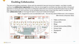 Enabling Collaboration
‘The best and brightest employees—those with the potential to become tomorrow’s leaders—are likely to prefer
working in a collaborative organization where they are encouraged to contribute new ideas and take a consensual
approach to making decisions. Executives in enterprises where this isn’t common should think about how to change
their work environment and incentives. As the workplace becomes more virtual, they also need to consider how
their collaboration tools can leverage the latest in cloud and mobile technologies.’
- Myths, exaggerations and uncomfortable truths - The real story behind Millennials in the workplace,
IBM Institute of Business Value.
• Video conferences
• Group wikis
• Blogs
• Virtual communities (ESNs)
• Group chats
• Sharepoint
• WOL
 