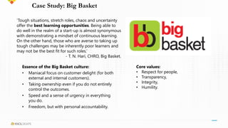 Case Study: Big Basket
Essence of the Big Basket culture:
• Maniacal focus on customer delight (for both
external and internal customers).
• Taking ownership even if you do not entirely
control the outcomes.
• Speed and a sense of urgency in everything
you do.
• Freedom, but with personal accountability.
‘Tough situations, stretch roles, chaos and uncertainty
offer the best learning opportunities. Being able to
do well in the realm of a start-up is almost synonymous
with demonstrating a mindset of continuous learning.
On the other hand, those who are averse to taking up
tough challenges may be inherently poor learners and
may not be the best fit for such roles.’
- T. N. Hari, CHRO, Big Basket.
Core values:
• Respect for people,
• Transparency,
• Integrity,
• Humility.
 