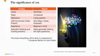 The significance of era
Analog Digital
Linear Nonlinear
Maps Compasses
Mechanics Living systems
COP (Command, Order,
Predict)
ACE (Align, Create,
Empower)
Experience Beginner’s mind
Specialist (Seeking and
trusting answers)
Deep generalist (Asking
the right questions)
Source: Bennis, Warren G.; Thomas, Robert J.; Hock, Dee. Geeks and Geezers
“He knows everything. All he lacks is inexperience.”
- Composer Berlioz on Saint-Saëns
 