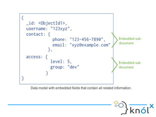 Embedded Data 
● Embedded documents capture relationships 
between data by storing related data in a single 
document structure. 
● MongoDB documents make it possible to embed 
document structures as sub-documents in a field 
or array within a document. 
● These denormalized data models allow 
applications to retrieve and manipulate related 
data in a single database operation. 
 